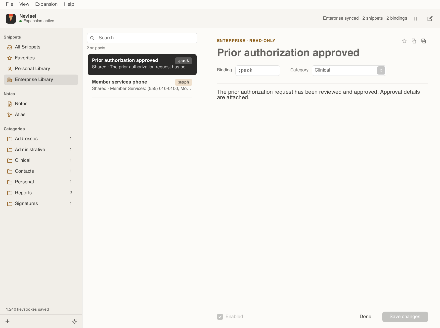 The Enterprise Library: a read-only shared snippet, Prior authorization approved, synced from the organization's server.